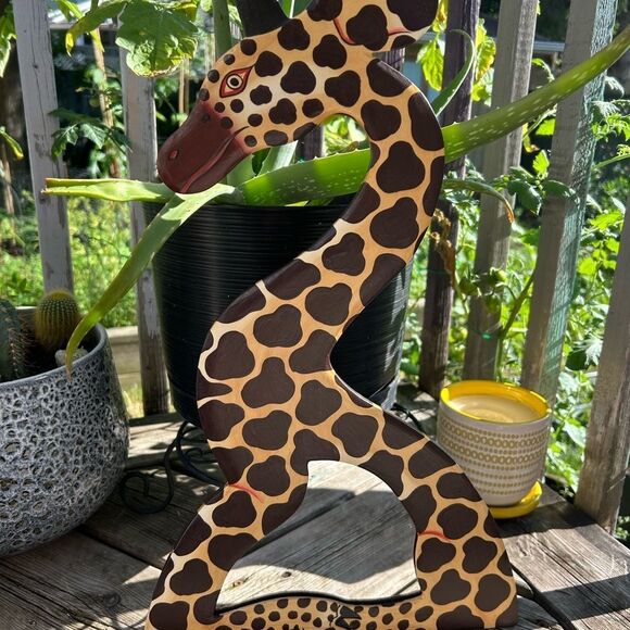 Vintage 90s Giraffe Shaped Wooden Decor Mirror Wall Hanging - Picture 5 of 16